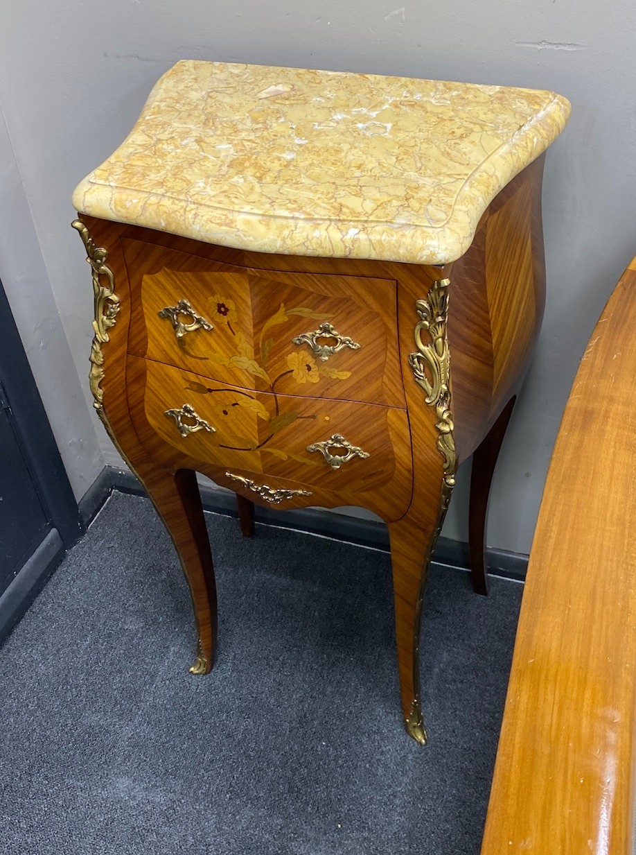 A pair of Louis XVI style inlaid kingwood marble topped bombe bedside chests, width 41cm, depth 29cm, height 72cm